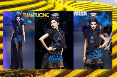 Vedette Lê Hoàng Phương catwalk với đầm thổ cẩm xuyên thấu của NTK Vũ Việt Hà